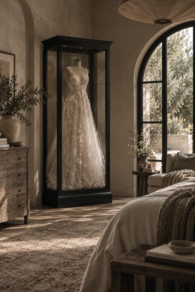 A Mrs. Case displaying a lace ballgown in a plaster-walled bedroom beside an arched window