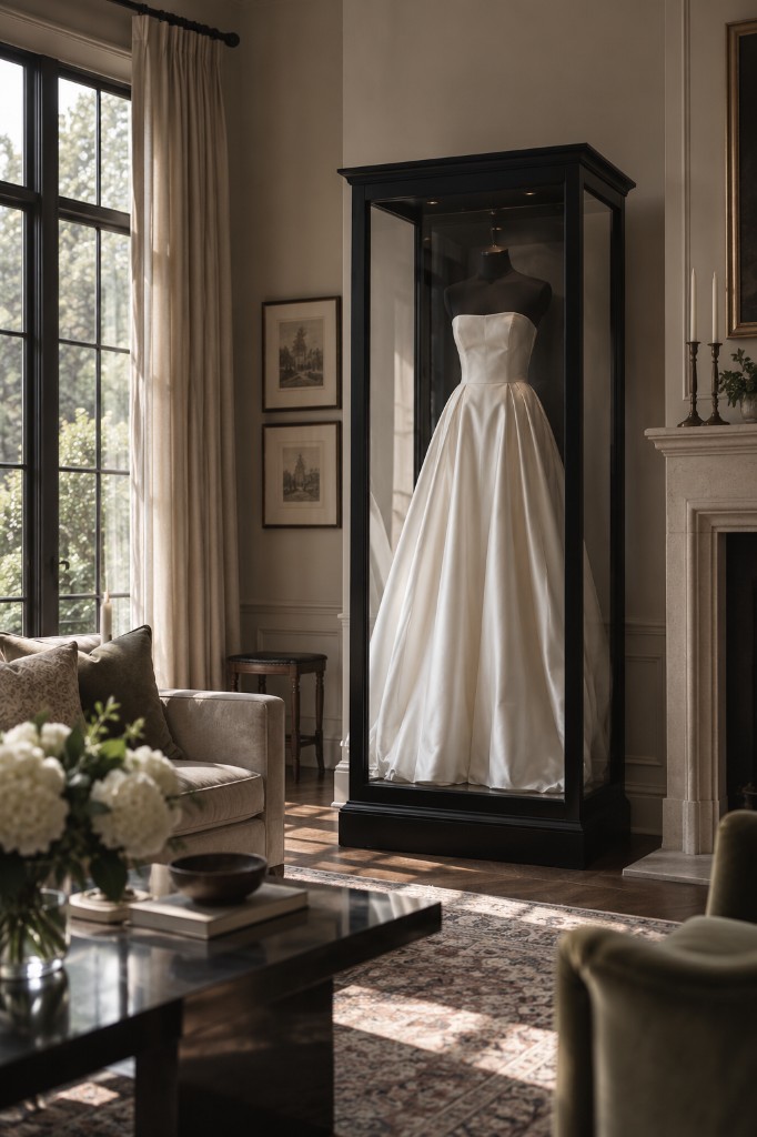 A black-framed Mrs. Case displaying a satin wedding gown in a living room at the end of the day