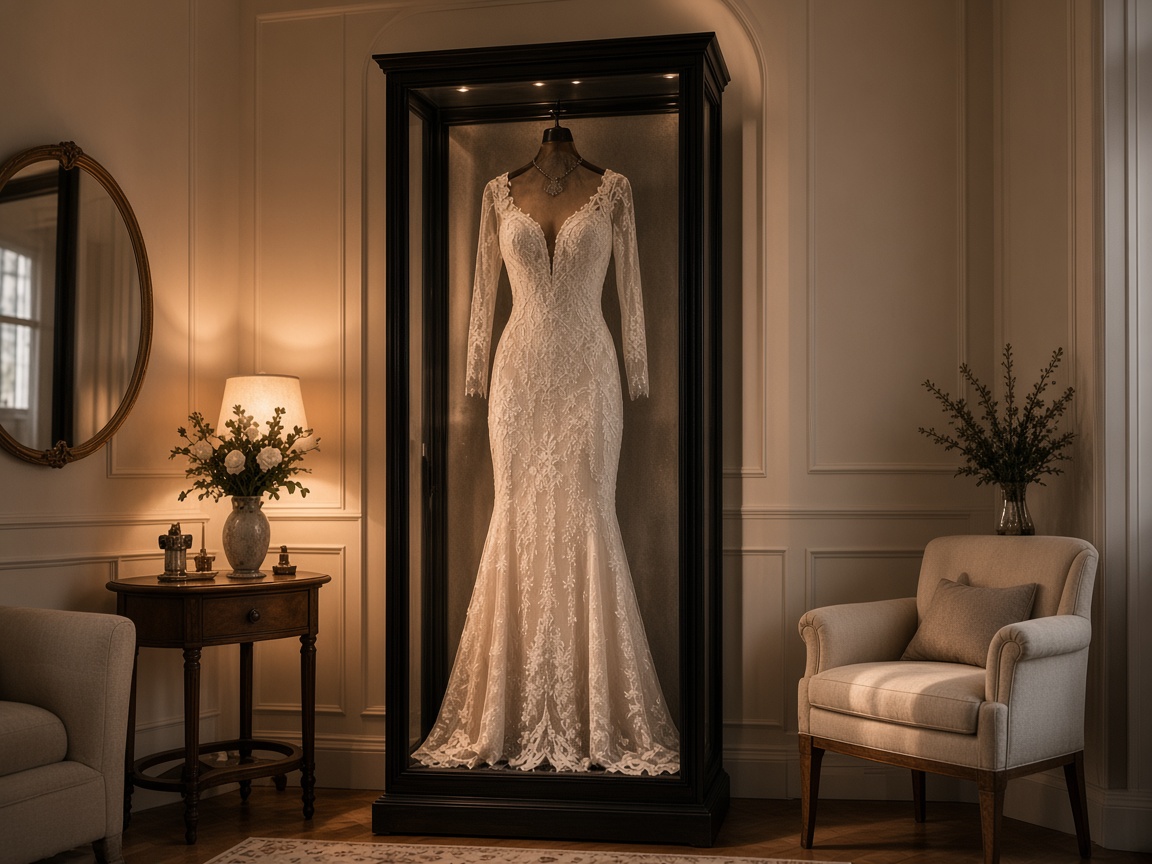 A Mrs. Case displaying a lace gown in a warm living room beside an armchair and a side table