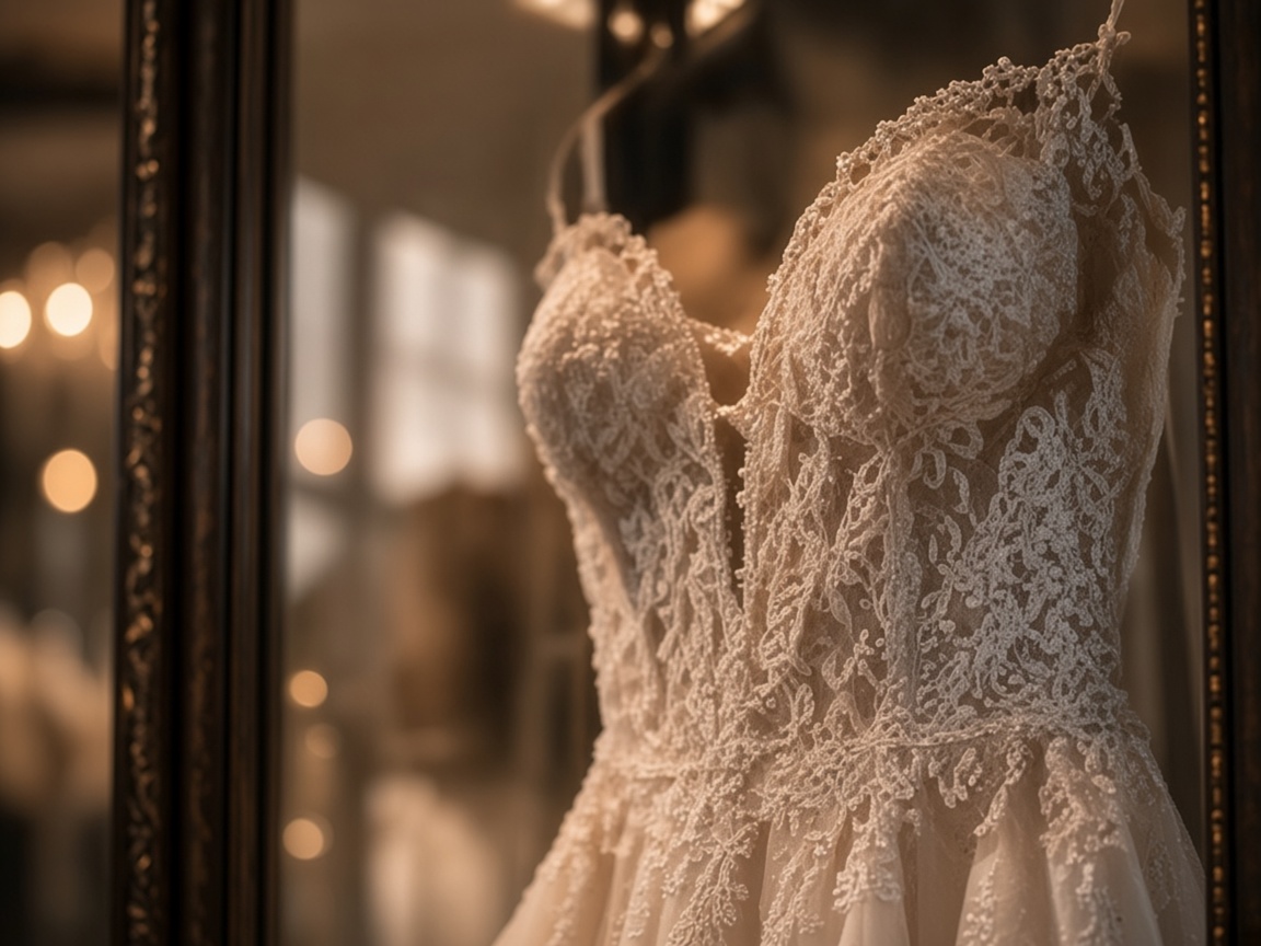 A close view of an ivory lace bodice inside a glass display case