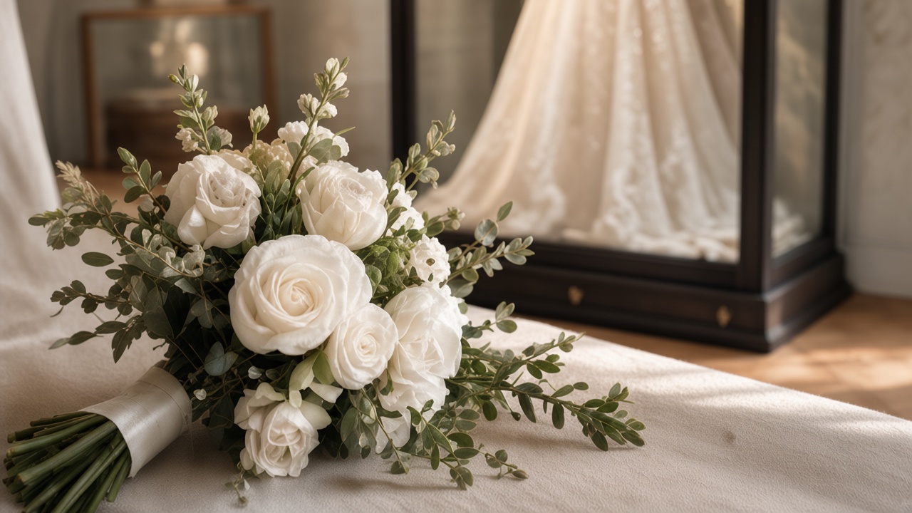 A bouquet of white roses in front of a gown displayed in a Mrs. Case