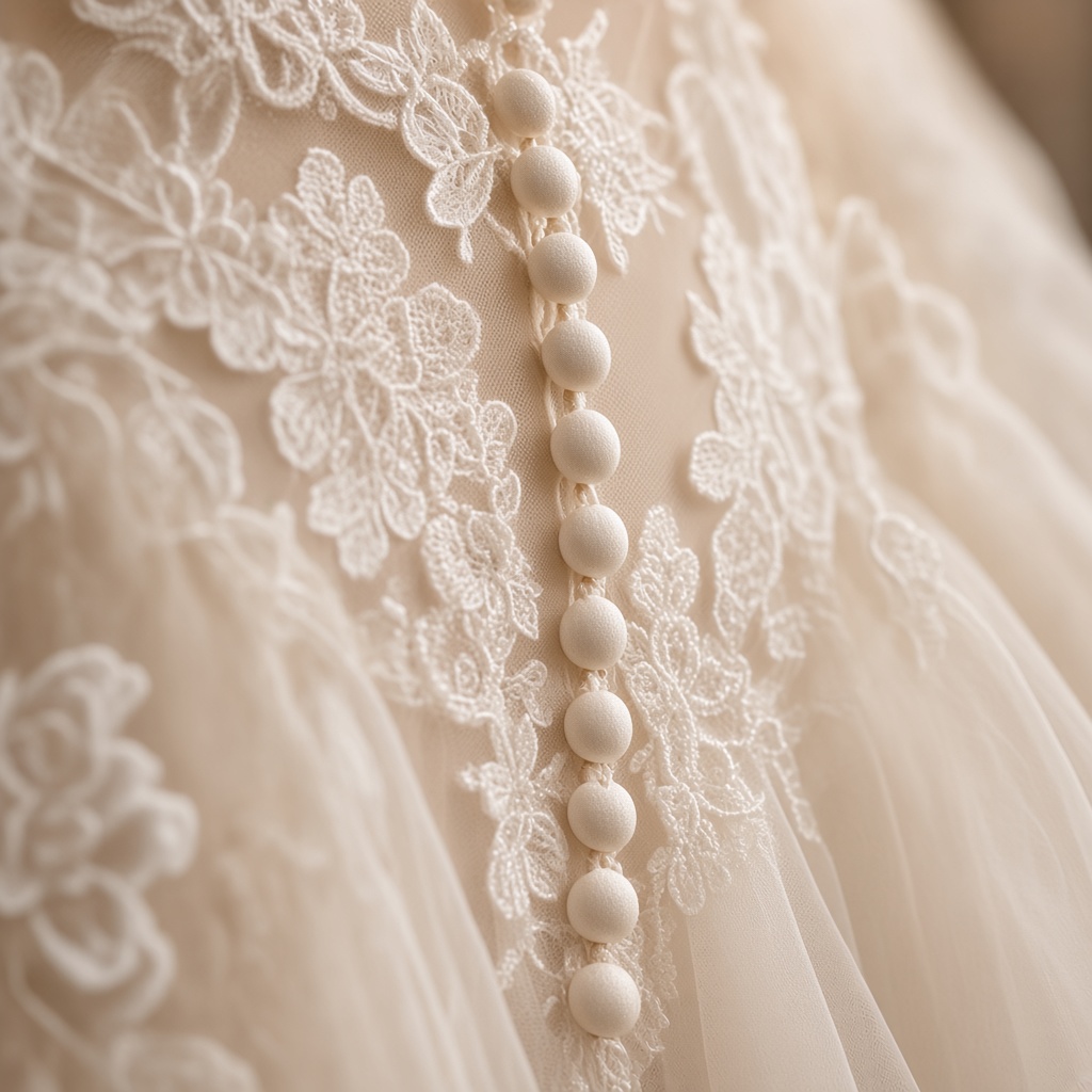 A close view of fabric-covered buttons running down the lace back of an ivory gown