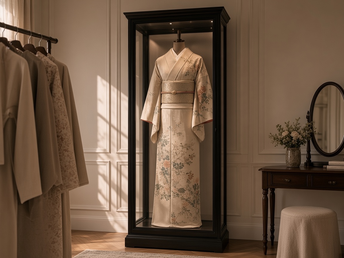 A floral kimono displayed on a form inside a Mrs. Case in a dressing room