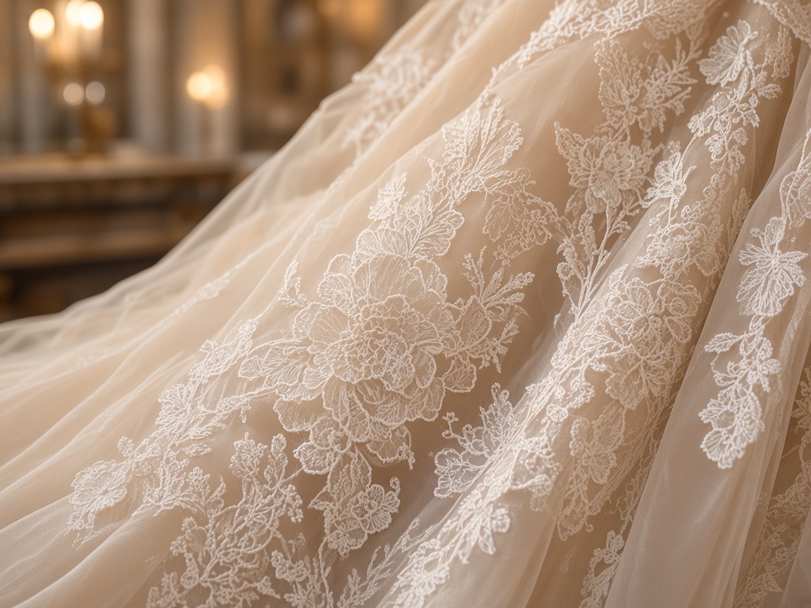 A close view of floral lace appliqué on an ivory wedding gown