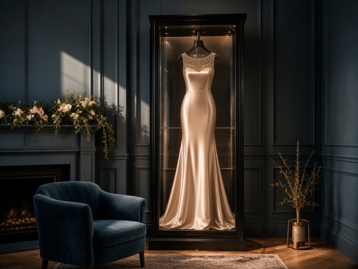 A champagne satin pageant gown displayed inside a Mrs. Case in a living room