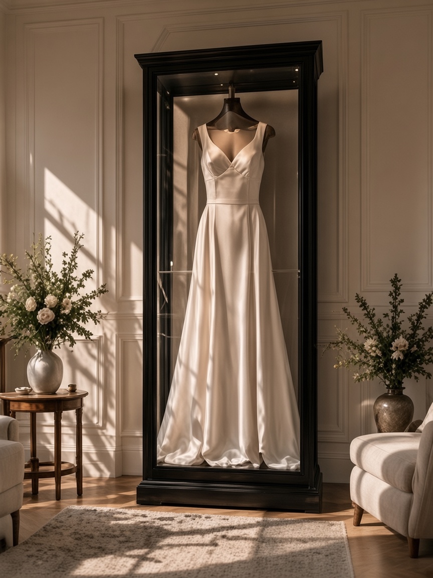 A Mrs. Case displaying a satin gown in a sunlit parlor between two arrangements of white flowers