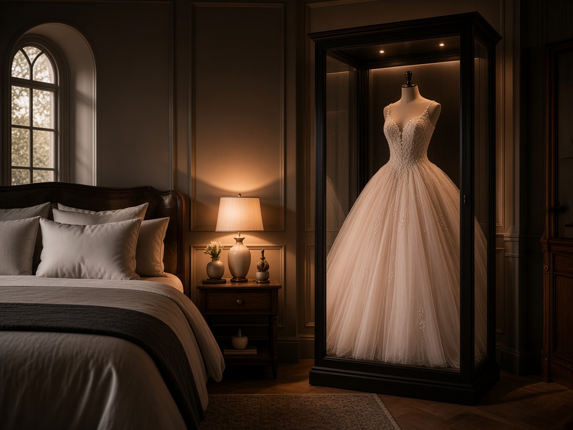 A blush quinceañera ballgown displayed inside a Mrs. Case beside a bed