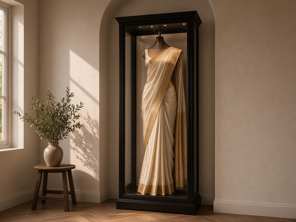 An ivory and gold sari displayed inside a Mrs. Case in a small window alcove