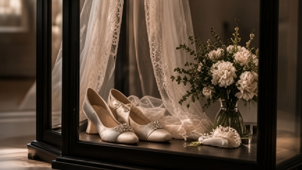 Ivory satin heels and a bouquet of white roses arranged inside a display case
