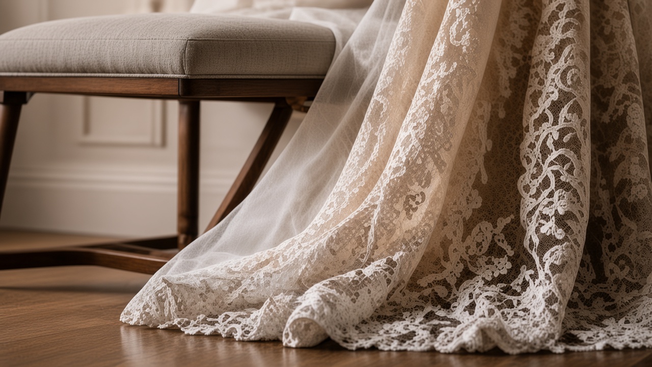 The lace train of an ivory gown spilling across a wood floor beneath a bench