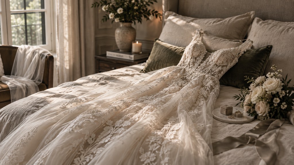A lace wedding gown laid across a linen bed with a bouquet of white roses